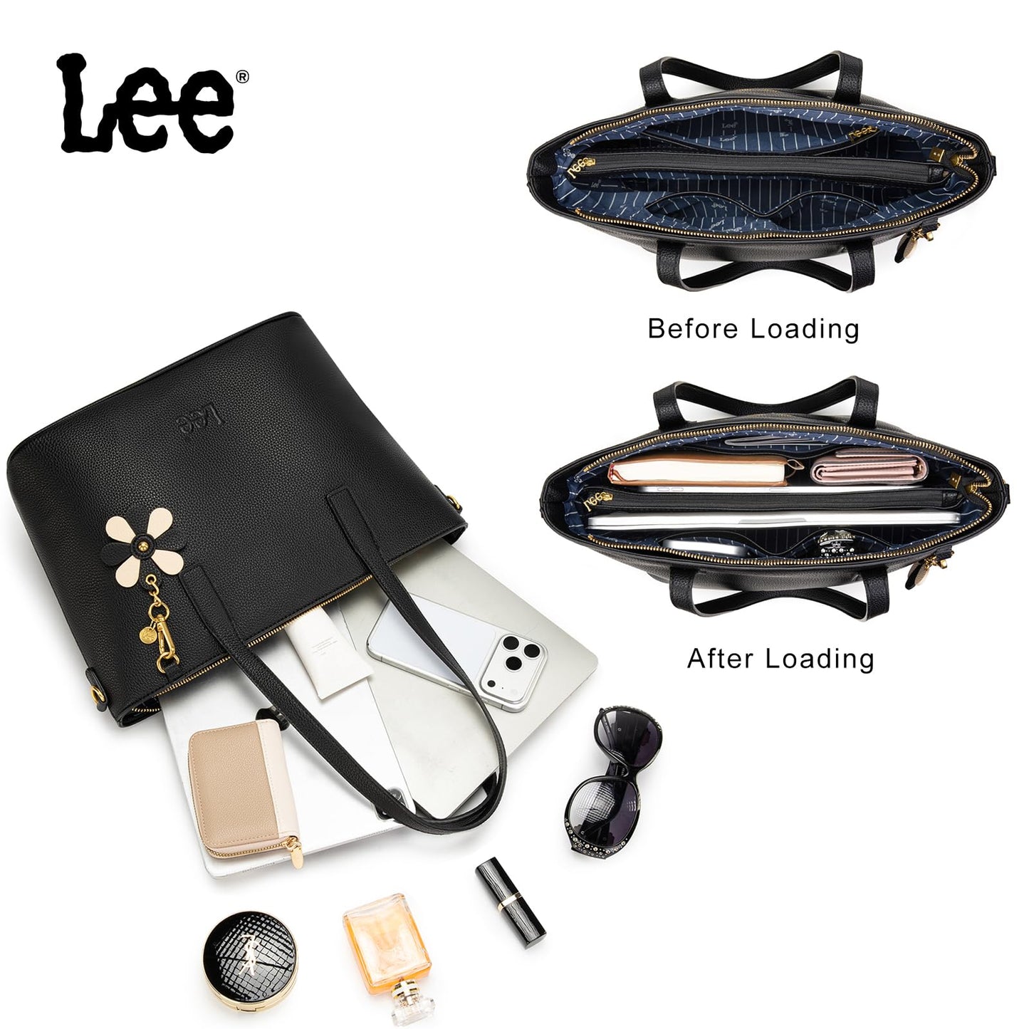 Lee Tote Bag for Women, Soft Vegan Leather Shoulder Bag with Adjustable Detachable Crossbody Strap, Work Handbag for Commute Travel LEE70-002BK