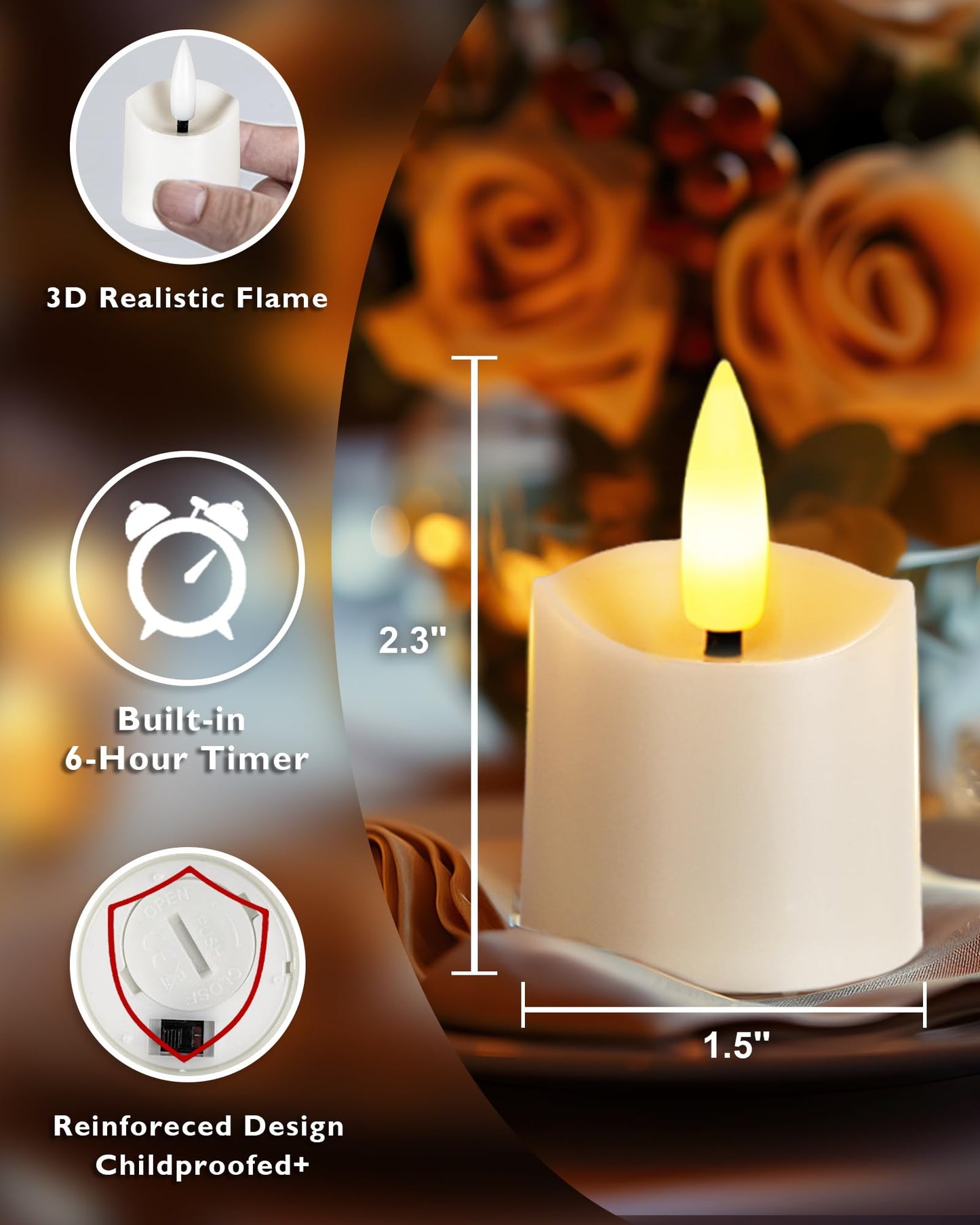 Homemory 12Pack Timer Flameless LED Votive Candles, Realistic 3D Flickering Flameless Candles, Long Lasting Battery Operated Tealight, for Thanksgiving Day, Christmas, Wedding Decor-White Base