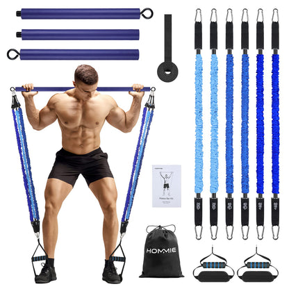 Hommie Portable Pilates Bar Kit with Resistance Bands for Men and Women，Upgraded 3 Section Pilates Bar with Resistance Bands (20/40/60lb) for Home Gym Equipment Supports Full-Body Workouts