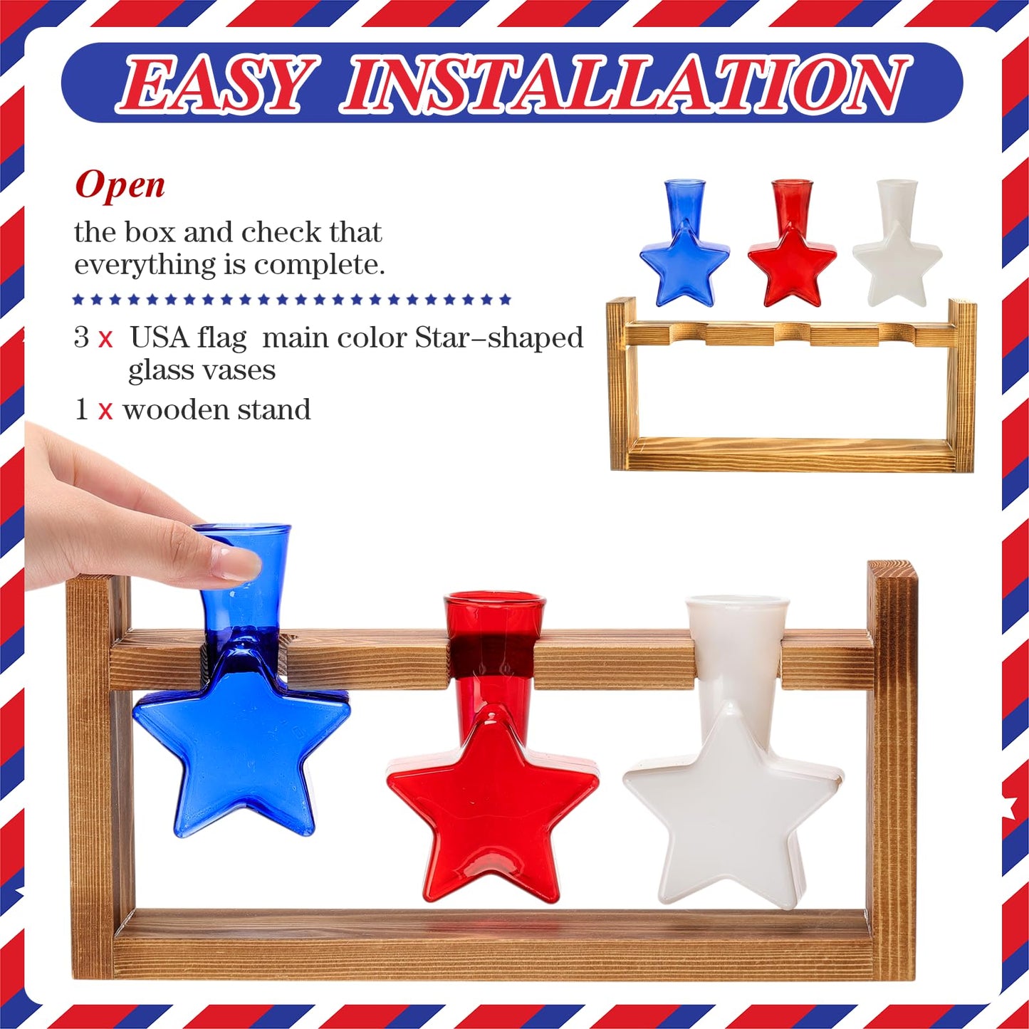Remerry 4th of July Patriotic Star Plant Terrarium with Wooden Stand Red White Blue Glass Vase Gifts Independence Day Tabletop Centerpieces Propagation Station for Hydroponics Home Office Desk Decor