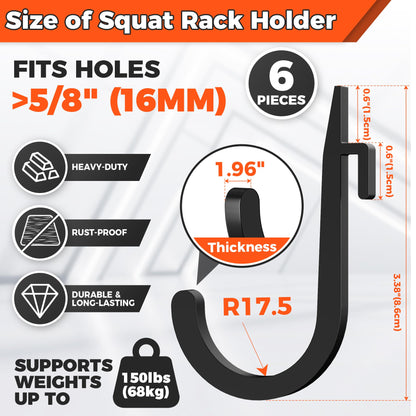 ViewKurM 6 PCS J Hooks for Squat Rack,Power Rack Attachments for Home Gym Storage,Portale Squat Rack Accessories, Storage Hook Holder for Resistance Bands, Barbell Collars and Gym Accessories