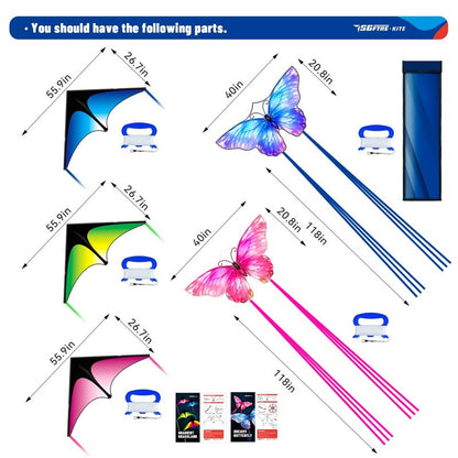 SGftre 3 Piece Set Butterfly Delta Octopus Kites for Kids and Adults，Easy to Fly for Outdoor Adults Children Line Kite for Kids Toy (3 Gradient Grassland+2 Butterfly, 5)
