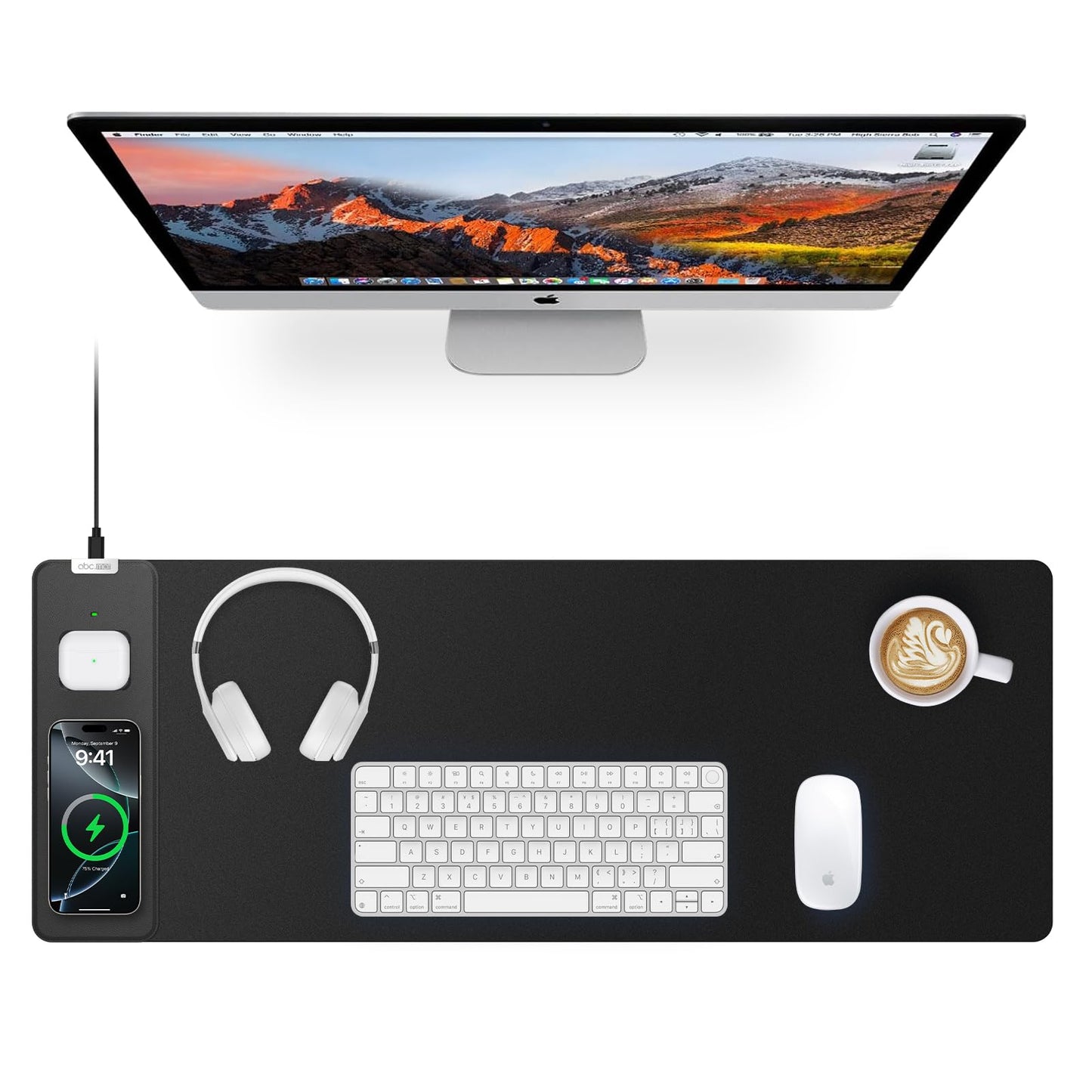 Magnetic Wireless Charging Mouse Pad, 27.5"x11.8" Gaming Desk Mat with Superior Stitched Edges, Non-Slip Base, Waterproof Smooth Desk Writing Pad for Gamer, Office & Home, Black