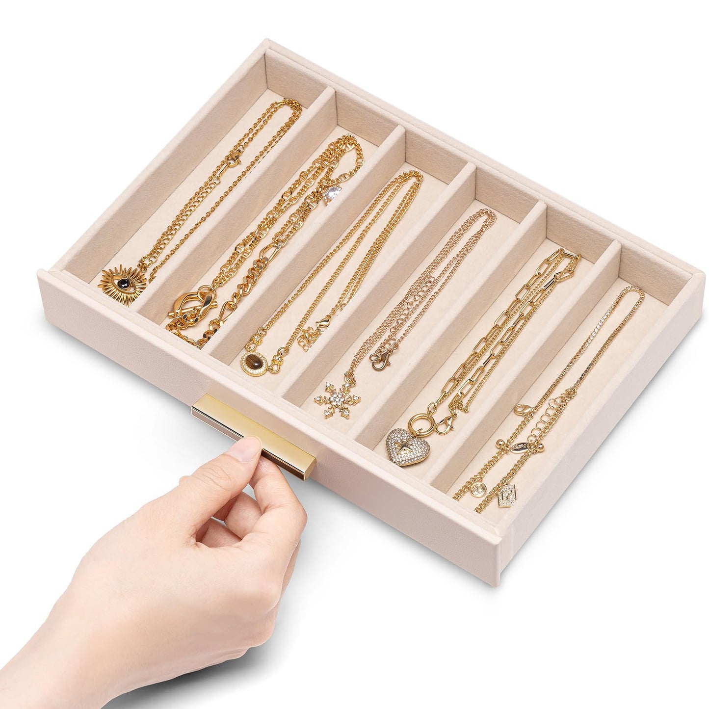 VLANDO 6-Drawer Jewelry Box with Glass Lid, Faux Leather Organizer for Rings Earrings Necklaces and More, Gift-Ready Jewelry Case for Women Girls or Moms, Pink Beige