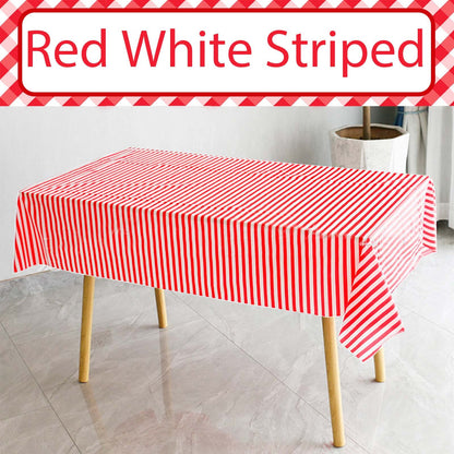 POPOYU 2Pcs Red Stripe Table Cloth,Circus Red and White Party Decorations,Red and White Candy Stripe Plastic Table Covers,Circus Table Decorations for Circus,Movie Night,Carnival Party Supplies