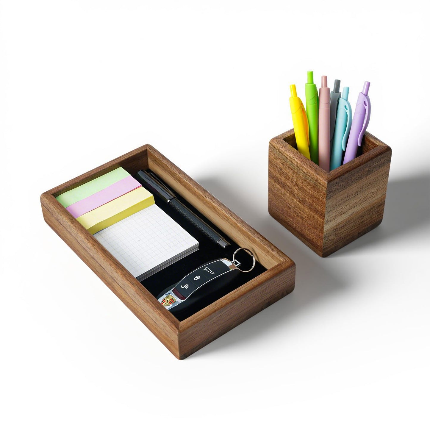 XHWUDI Wooden Pencil Holder with Desk Drawer Organizer Tray, Silicone Anti-Slip Pen Holder Set Aesthetic Desk Accessories for Office Home Supplies
