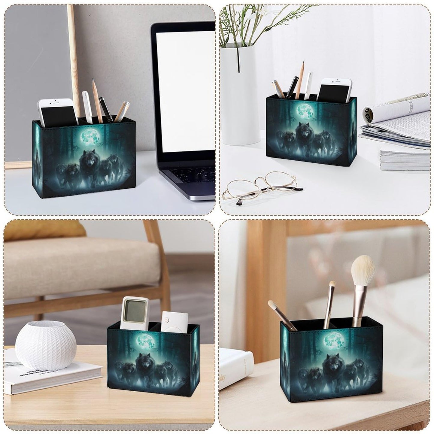 Famame Wolf Night Moon Pencil Holder for Desk, Leather Desktop Container Pen Cup Storage Study Table Pen Organizer Makeup Brush Holder for Classroom Office Home