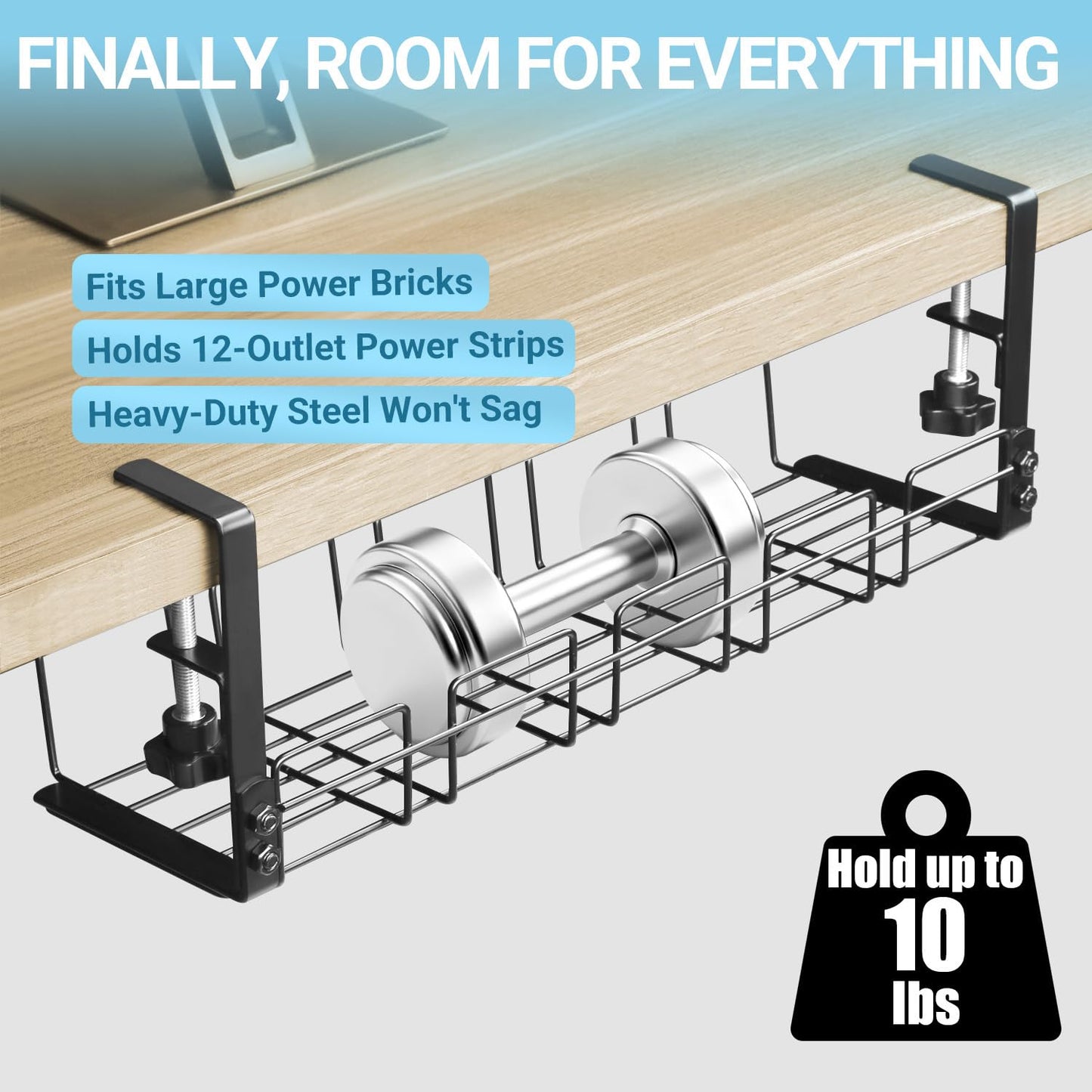 Under Desk Cable Management Tray, 15.7'' Metal Wire Organizer with Clamp, No Drill Desk Cord Rack for Cable Management, Computer Wire Organizer for Office and Home – Sturdy & Scratch-Free