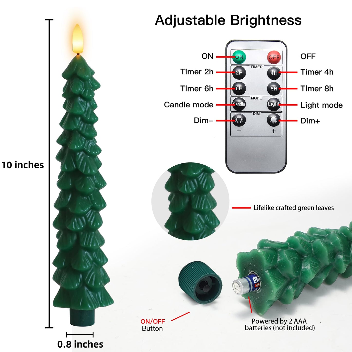 Lezonic 6Pcs Flameless Christmas Tree Candles with Remote Timer, LED Taper Candles Battery Operated Flickering Flame, 10 Inches Green Real Wax Window Candlesticks for New Year Xmas Decorations