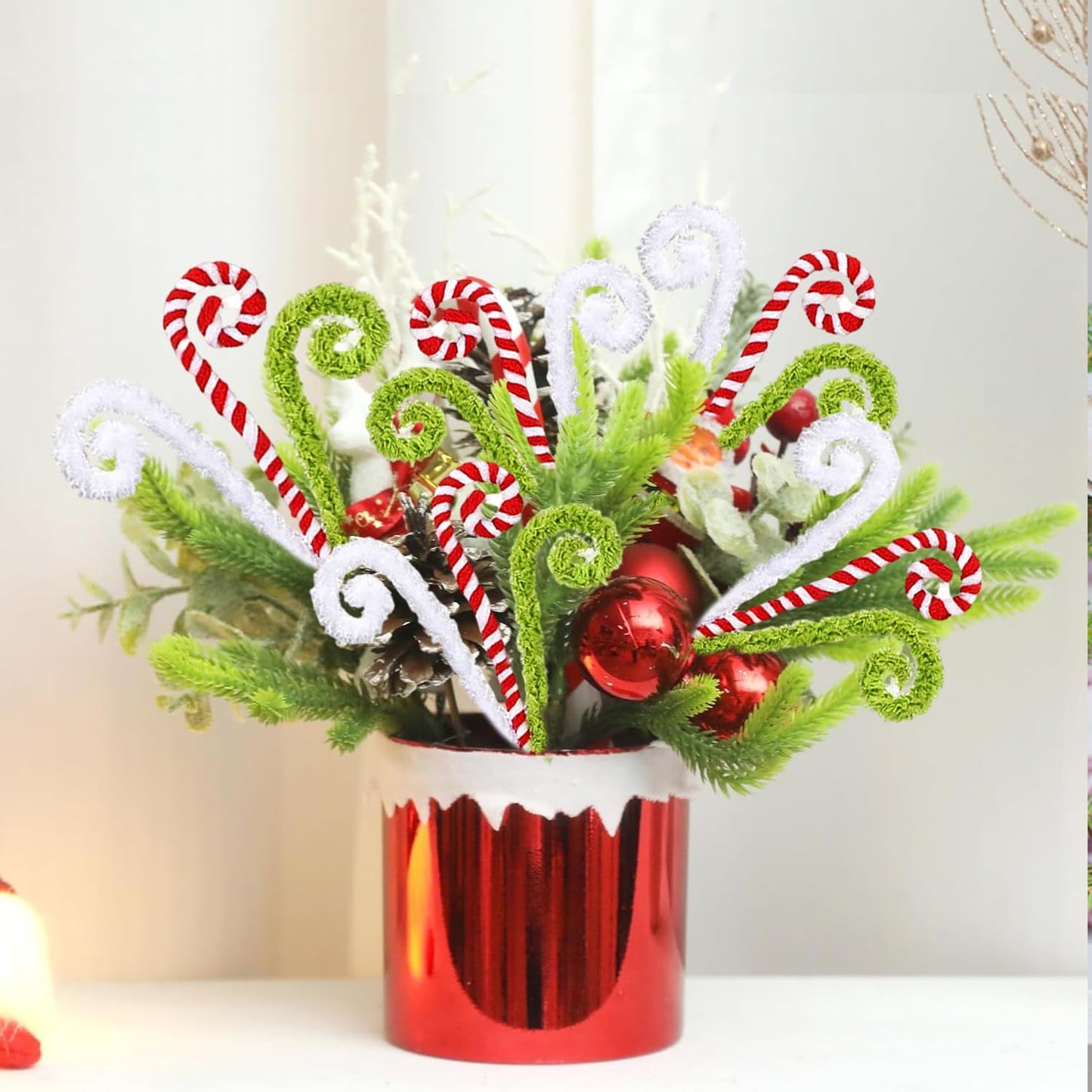 Christmas Tree Picks 6 Pcs Candy Cane Christmas Decorations 16" Xmas Tree Topper Elf Pick Red Green and White Woolen Curly Lollipop Pick Large Ornaments for Xmas Tree Filler, Wreath, Vase Home Decor
