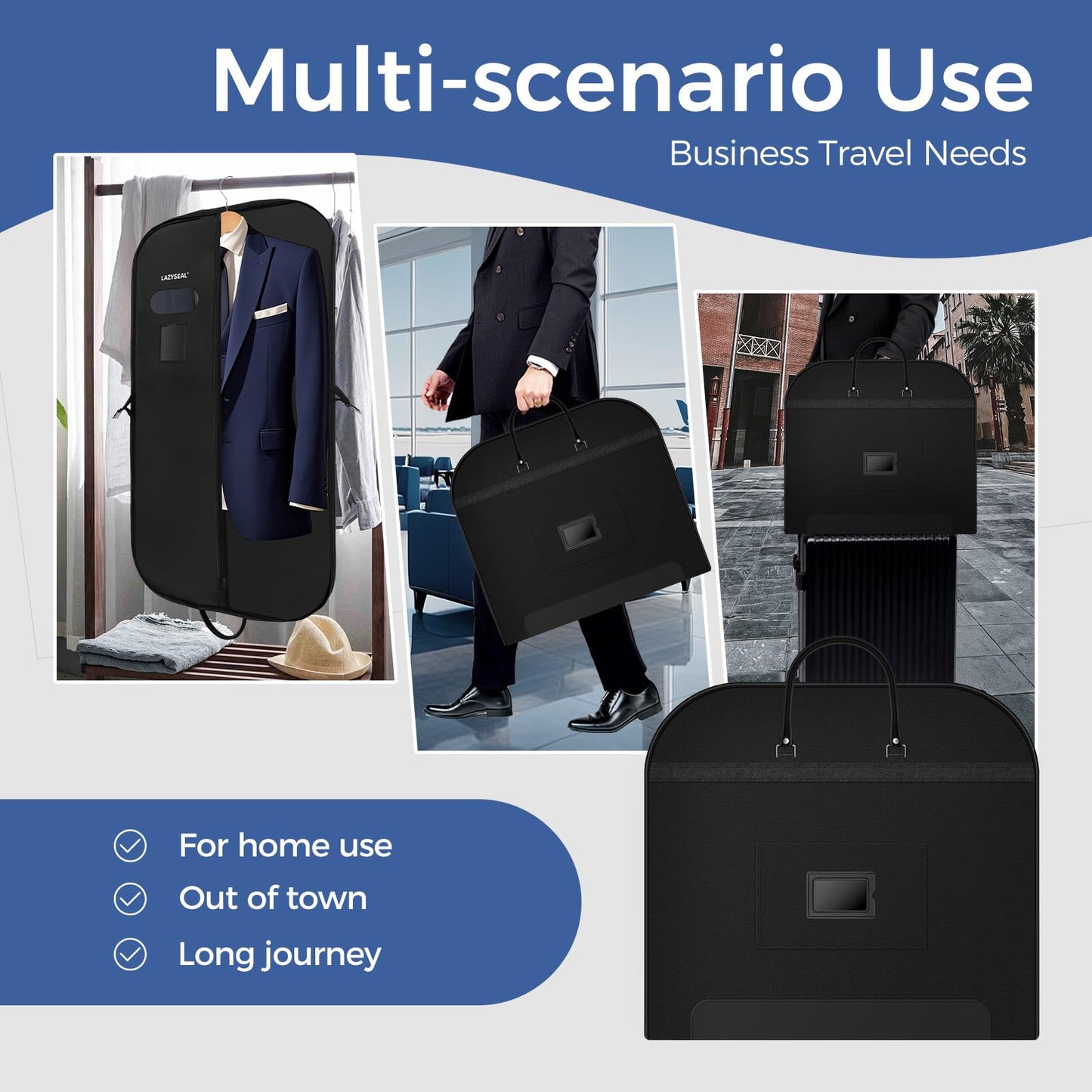 LAZYSEAL Garment Bag for Closet Storage and Travel 43-Inch Waterproof Dustproof Suit Luggage Bag Unisex Clothes Bag Durable 600D Oxford Fabric 2-in-1 Hanging Suit case Coat Bag for Man, Woman