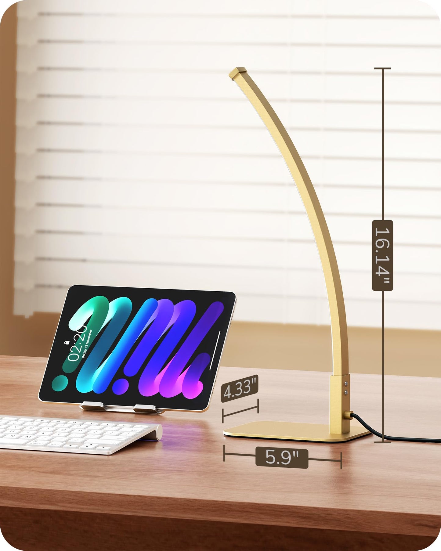 EDISHINE Curved LED Table Lamp, Modern Bedside Lamp with 3 Color Temperature & Stepless Dimming, Aluminum & Iron, Nightstand Lamp for Bedroom, Living Room, Gold