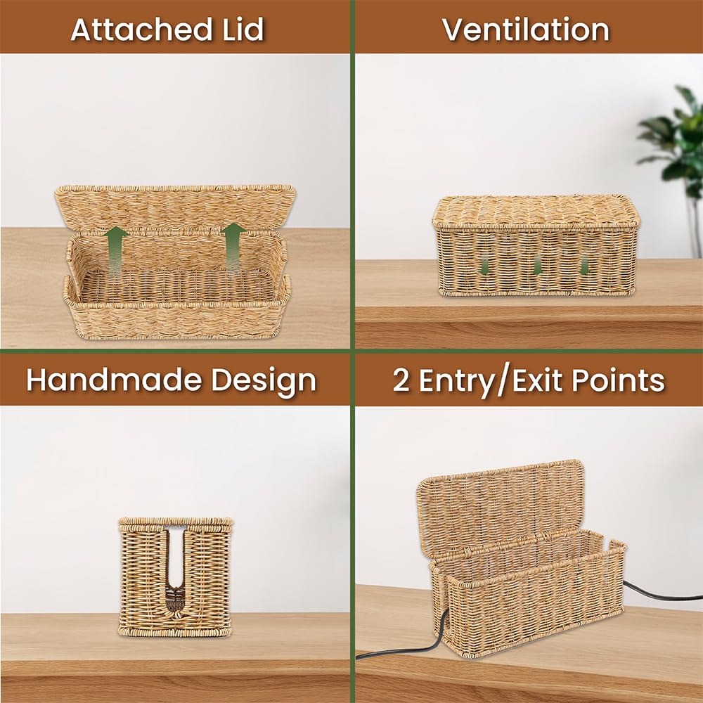 Cable Management Box, Handmade Rattan Cable Organizer with 2 Open Slots, Cord Hider for Power Strip, Router & USB Hub, Registered U.S. Design Patent (D1,112,102), 13" x 5.1" x 5.1", Natural