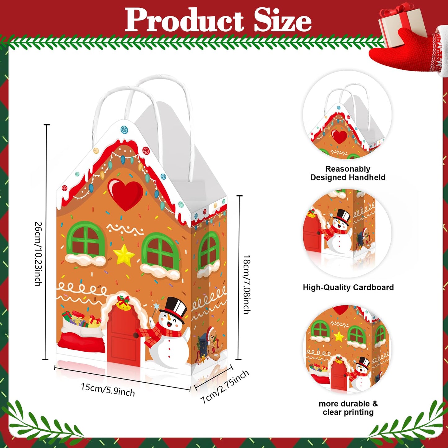 Qpout 12Pcs Christmas Party Favors Bags, Gingerbread House Shaped Gift Bags with Handles Paper Snack Goodie Candy Treat Bags for Winter Xmas Holiday Gift Wrapping Baby Shower