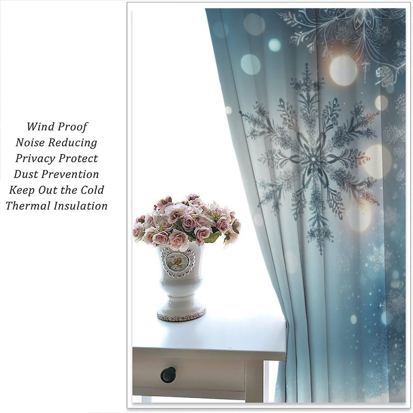 Merry Christmas Curtains Blue Snowflake for Living Room Bedroom Decor Window Drapes Happy New Year 42" W X 45" L