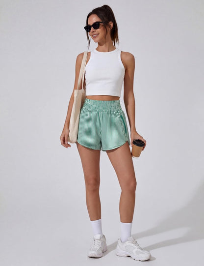 BMJL Women's Athletic Shorts High Waisted Running Short Pocket 2.5" Sporty Shorts Gym Elastic Workout Shorts(XL,Green Striped)