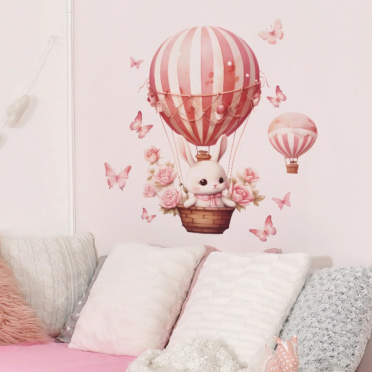 Pink Bunny Butterfly Rose Hot Air Balloon Wall Stickers, sacinora Cute Rabbit Wall Decals Removable Vinyl Peel and Stick for Kids Baby Girls Nursery Living Room Bedroom Preschool Art Decorations