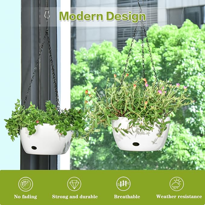 Sungmor Self Watering Hanging Planter for Indoor Plants, 9.4" & 11.2" 2-PACK Large White Plastic Hanging Basket, Garden Flower Pots with Hanging & Standing Design, Thickened Sturdy Drainage Plant Pots