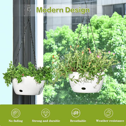 Sungmor Self Watering Hanging Planter for Indoor Plants, 9.4" & 11.2" 2-PACK Large White Plastic Hanging Basket, Garden Flower Pots with Hanging & Standing Design, Thickened Sturdy Drainage Plant Pots