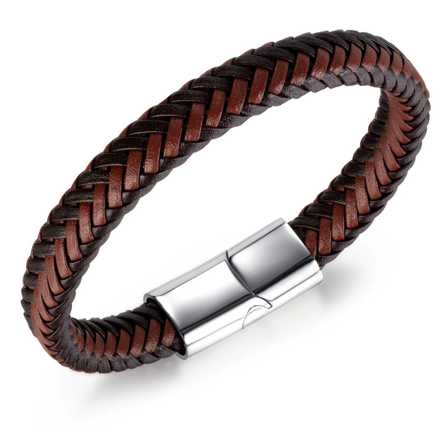 Kim Carrey Italian Handmade Genuine Leather Bracelets for Men Stainless Steel Clip, Men's Casual Genuine Multi-layer Cuff Bracelet, Bracelet Gift for Real Men (8.6" Large Size Black Brown Weave)