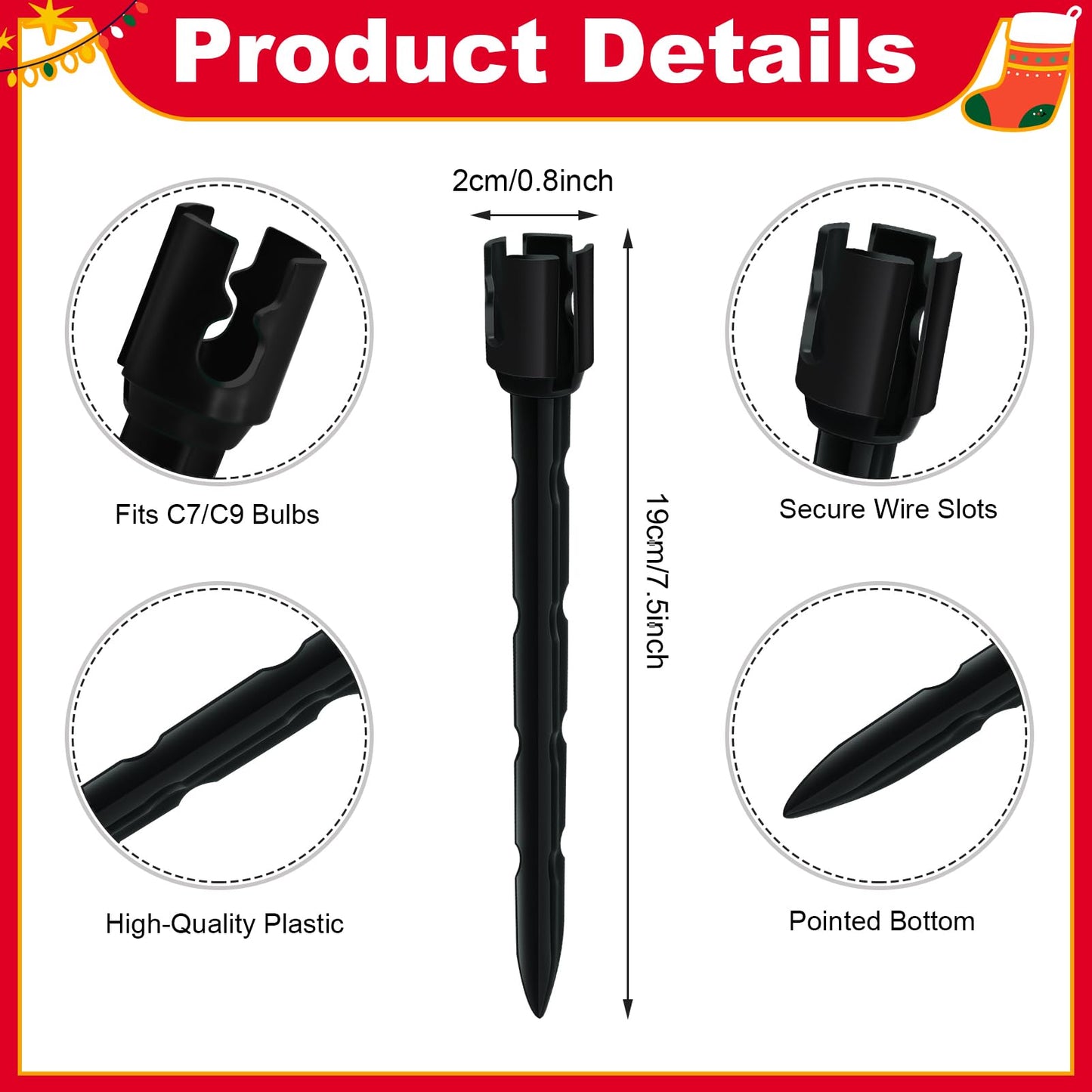 60 Pcs 7.5 Inch Christmas Light Stakes, Christmas Yard Stakes for C7 C9 Christmas Lights, Garden Path Walkway Holiday Decorations(Black)
