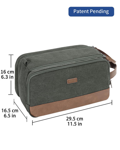 WANDF Toiletry Bag for Men Travel Toiletry Organizer Canvas and Leather Dopp Kit Water-Resistant Shaving Bag for Travel Accessories (Green, Patent Pending)