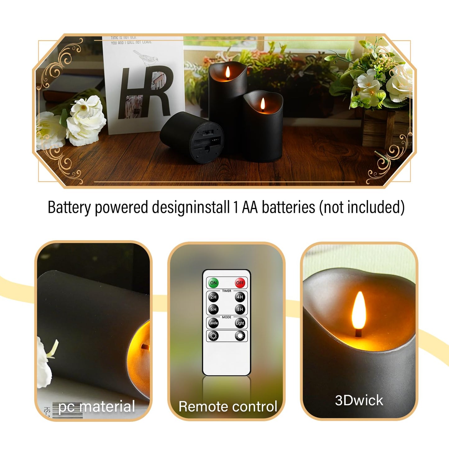 Eebuss Flameless Candles with Remote Timer, Battery Operated Realistic Flickering LED Candles, 9 Packs Fake Candles for Home Decor (D3 x H 3" 4" 5" 6" 7") (Black)