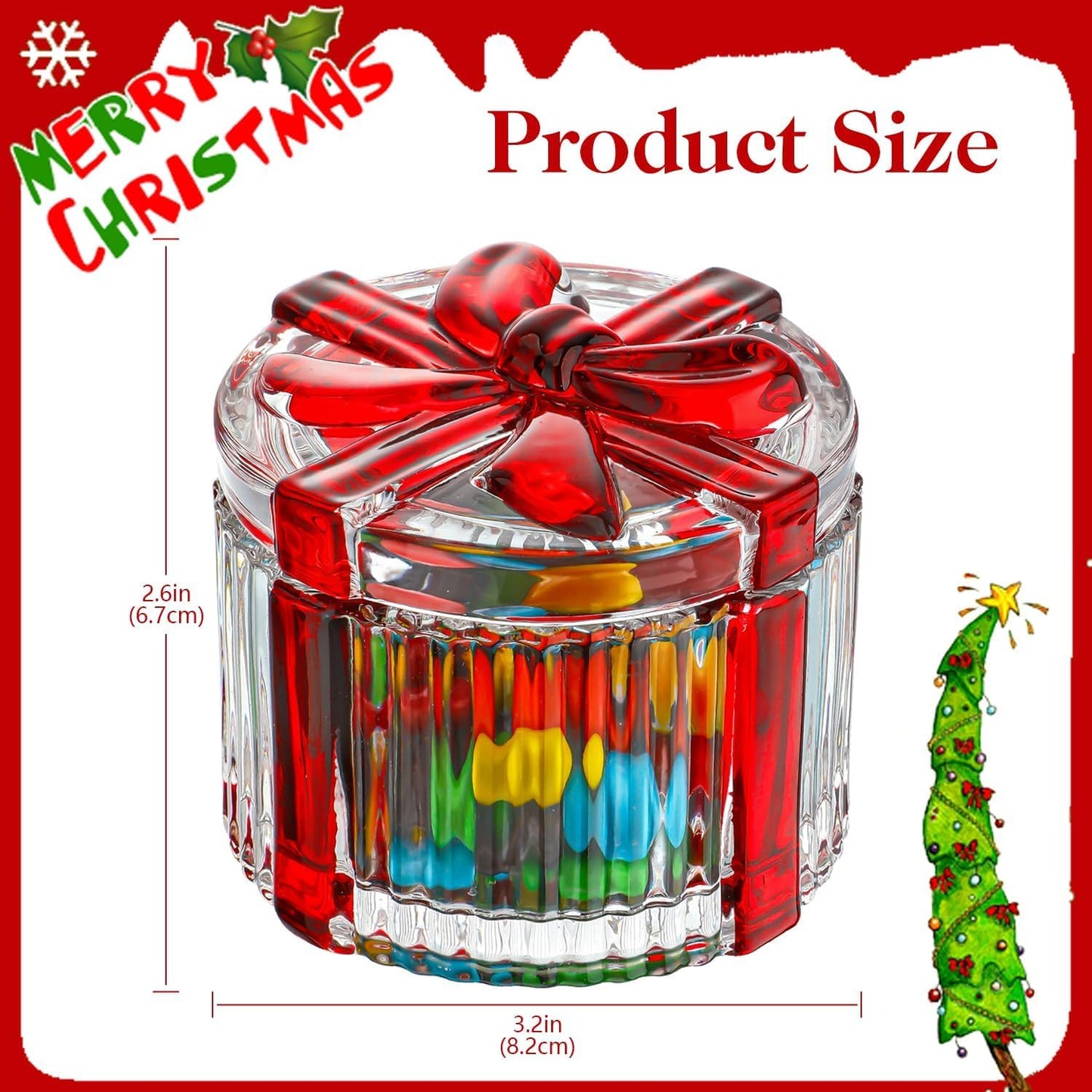 kanpura 2 Pcs Peppermint Candy Christmas Dishes Crystal Candy Jar with Lid Small Xmas Round Sugar Bowl for Xmas Party Supply(2.6 x 3.2 Inch)