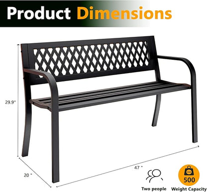 Outdoor Bench, Garden Patio Park Entryway Metal Bench with Comfortable Backrest, Sturdy Heavy Duty Loveseat Front Porch Backyard Lawn Furniture for Outside