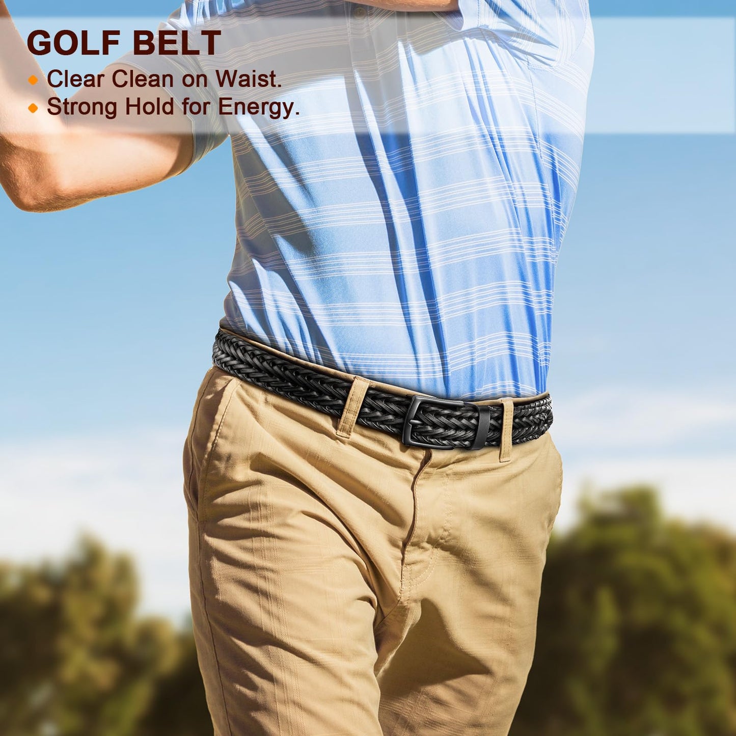 KEMISANT Men Belt, Braided Belt Comfortable For Men Casual Jean Golf 1 3/8"(Black,26"-30" Waist Adjustable)