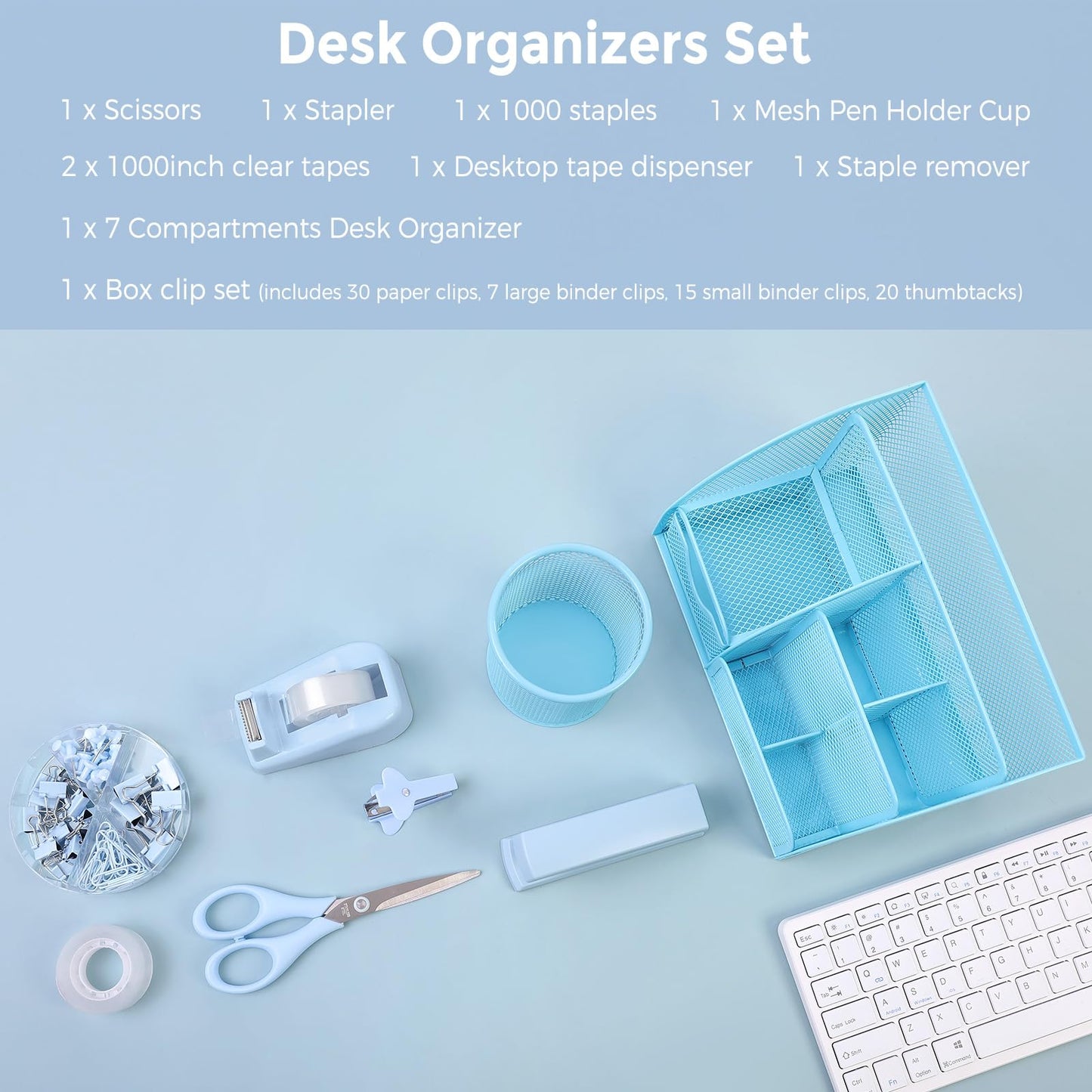 SKYDUE Blue Office Supplies Set, Office Desk Accessories, Mesh Desk Organizer, Stapler, Tape Dispenser, Scissors, Binder/Paper Clips and 1000pcs Staples, Office Supplies for Teacher