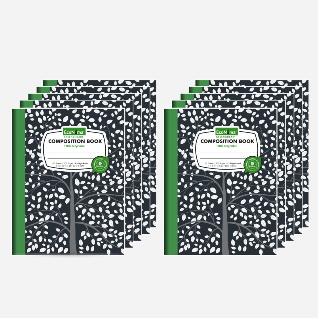 ECONAMA Composition Notebooks Pack of 10 Wide Ruled 200 Pages (100 Sheets) 9.75"x7.5" Black Marble Carbon Neutral Recyclable Paper Eco-Friendly School & Office Supplies For Students and Professionals