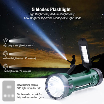 Emergency Radio with 5-Mode LED Flashlight, Solar Hand Crank NOAA Weather Radio, Portable AM FM Battery Operated Radio with Phone Charger, Reading Lamp & SOS Alarm for Home, Camping, Outdoor Survival