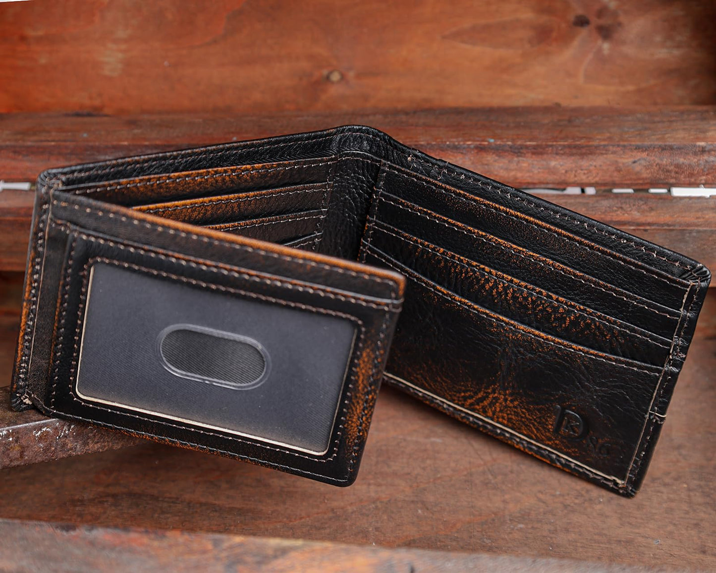 DK86 USA Flag Wallet for Men Slim Rfid Bifold Genuine Leather 2 ID Window With Gift Box (black brown with US flag)