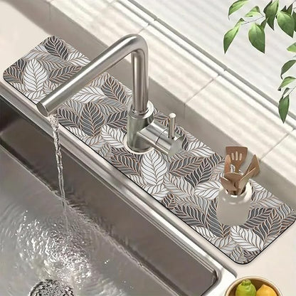 Embossed Leaf Texture Sink Faucet Absorbing Mat Grey Leaf Super Absorbent Fast