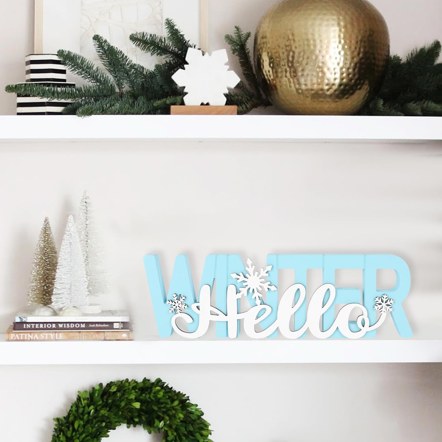 COCHIE Wooden Hello Winter Sign, Holidays Snowflake Decorations for Home, Office, Shelf, Mantel, Indoor, Wood White Snowflake Decor, Blue Table Top Party Supplies Decoration (Winter)