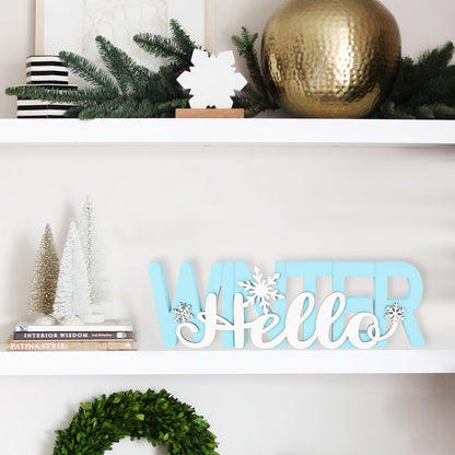 COCHIE Wooden Hello Winter Sign, Holidays Snowflake Decorations for Home, Office, Shelf, Mantel, Indoor, Wood White Snowflake Decor, Blue Table Top Party Supplies Decoration (Winter)