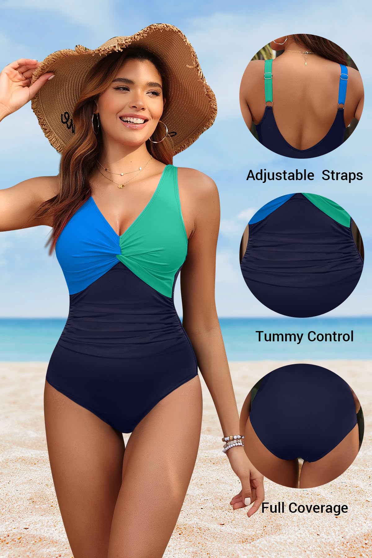 Holipick Blue Green Block Women Tummy Control One Piece Swimsuit - Push Up Bathing Suit Full Coverage Slimming Swimwear XL