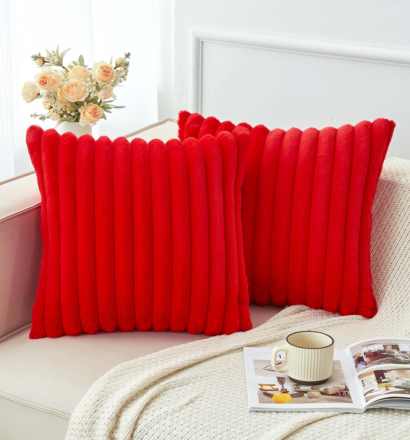 GriNeed Pack of 2 Christmas Red Pillow Covers 18x18 Inch Decorative Faux Fur Throw Pillow Cover, Soft Lumbar Plush Pillowcases for Couch Sofa Bed Living Room, Fluffy Cute Home Boho Accent Decor