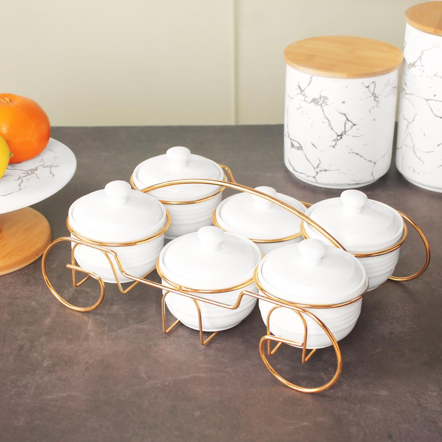 Creativity Home Ceramic Candy Bowls, Condiment/Sugar bowls gold basket Tray, 6 Removable small bowls With cover, For Snack, Dried fruits, nuts, candies and condiments - for parties, Holiday gift
