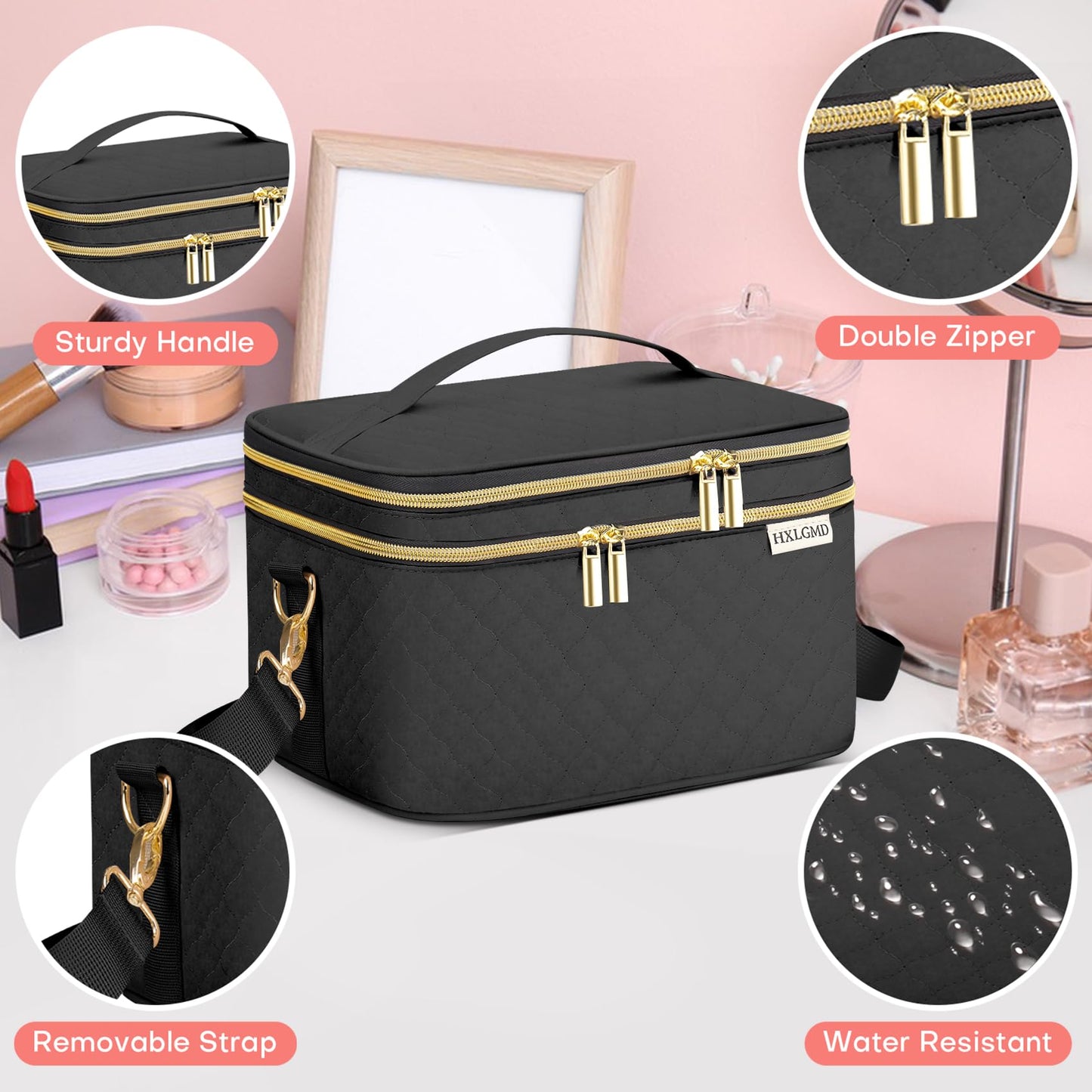 HXLGMD Double Layer Travel Makeup Bag Women, Cosmetic Organizer Case, Travel Essentials Accessories with Shoulder Strap for Bottles, Brushes, Conditioner, Skin Care Products, Black