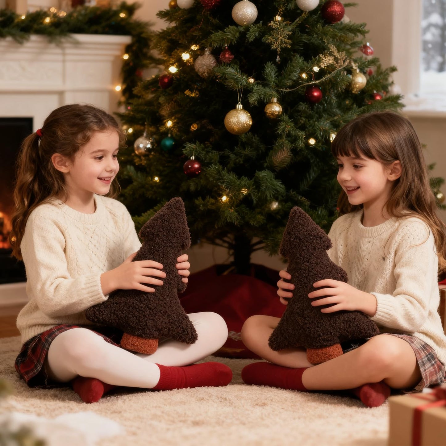 Artmag Christmas Pillows, Decorative Christmas Tree Pillow Set of 2 Stuffed Tree Shaped Plush Pillow for Holiday Party Sofa Living Room Decoration (13" x 10.5", Brown)