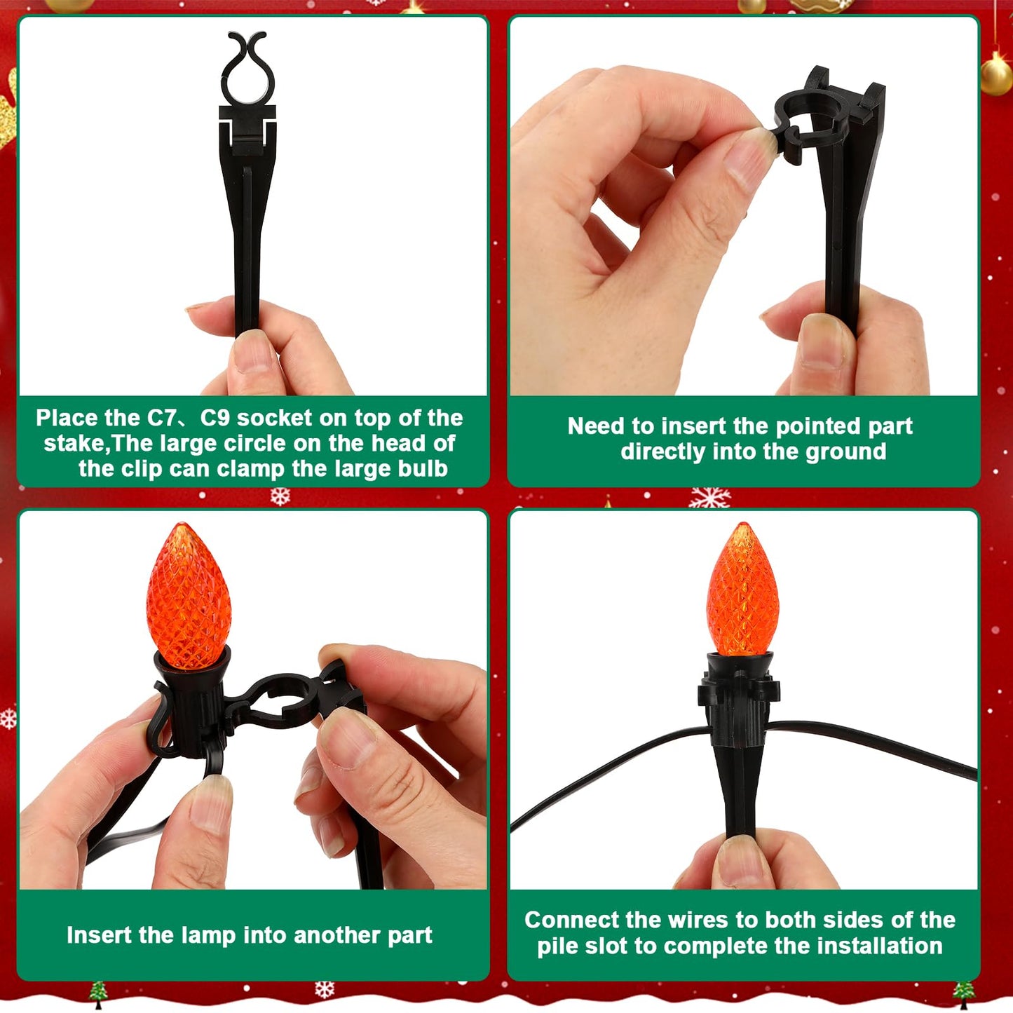 Augshy 100 Pack Christmas Light Stakes, 7.5 inch Yard Lawn Holiday Light Ground Stakes for C7 C9 Outside String Lights Universal Outdoor Light Holders for Christmas Decoration Garden Lawn Path Black