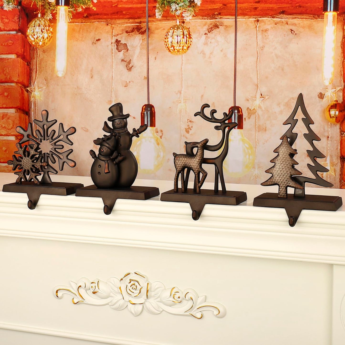 Set of 4 Christmas Stocking Holders for Mantel,Deer Snowman Snowflake Reindeer Stocking Holders for Fireplace Christmas Hanger for Stocking,Metal Stocking Hooks for Xmas Decoration (Black set, 4)