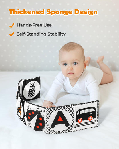 Melican Black and White High Contrast Baby Toys 0-6 6-12 Months, Soft Book with Teether, Newborn Infants Tummy Time Toys, 0-3 3-6 Month Sensory Visual Stimulation, Montessori Learning Essentials