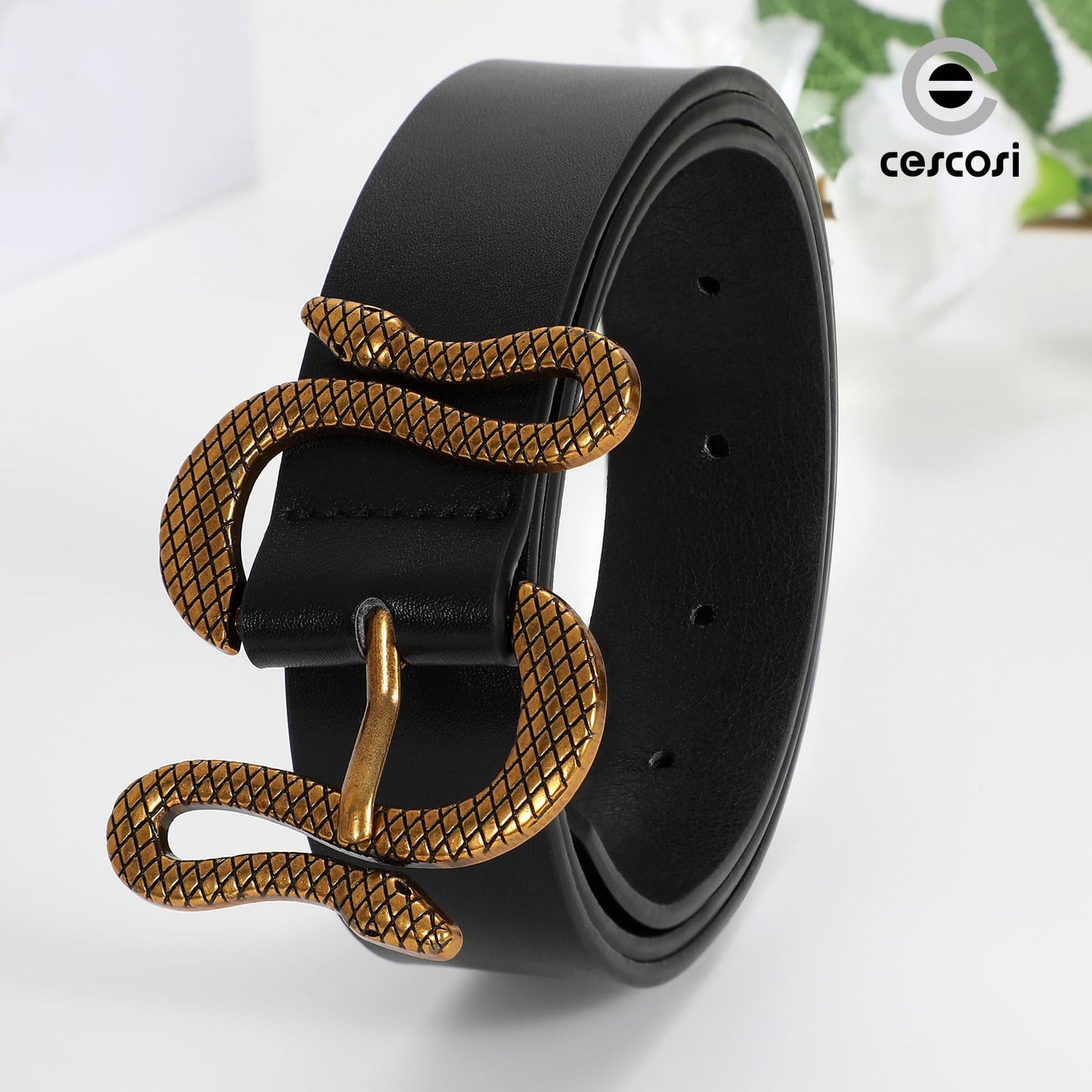 CESCOSI Women Leather Belt with Snake Buckle Fashion Women Belt for Jeans Pants Dresses,A-Black