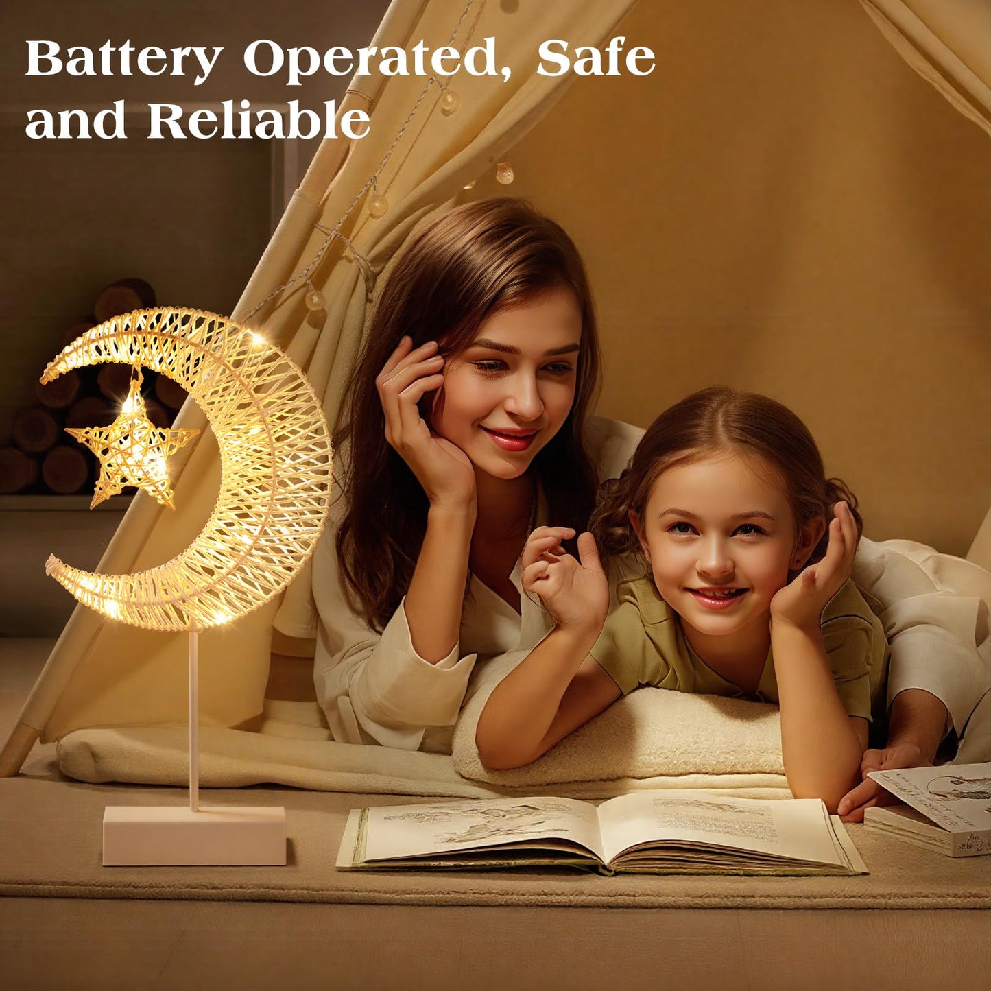 Lewondr Decorative Table Lamp, Christmas Moon Star Ramadan Desk Lamp Battery Powered Warm LED Crescent Light for Xmas Home Bedroom Bedside Desktop Nightstand Decoration, White