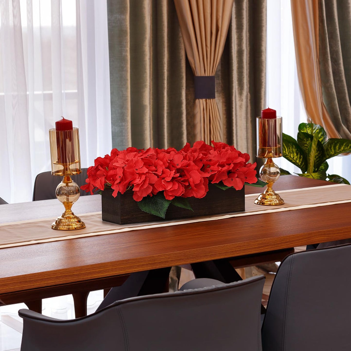Scawim Flower Table Centerpiece, Artificial Hydrangea Arrangements Centerpieces Fake Flowers Decor Wood Tray with Faux Flower Wedding Bouquets Room Kitchen Farmhouse Indoor Office Party(Red)