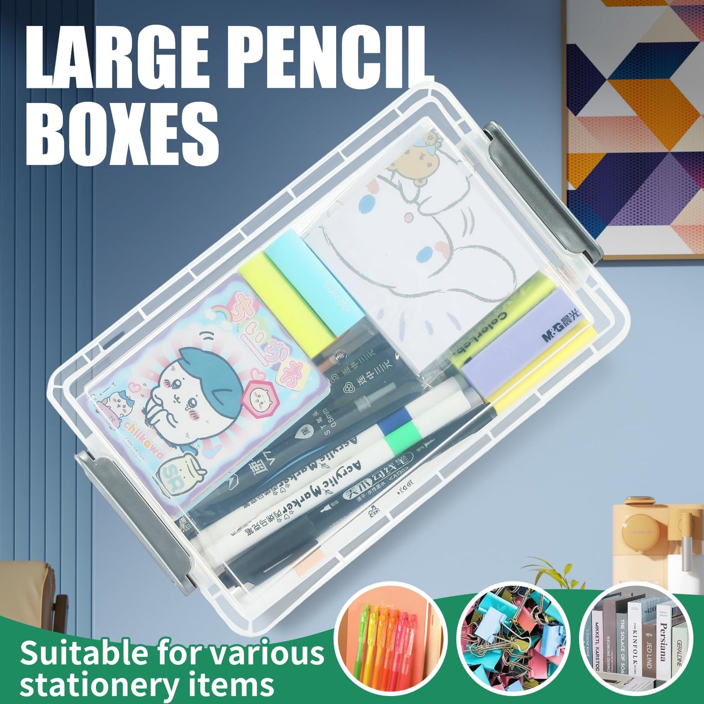 Catsayer 6Pcs Large Plastic Pencil Box Case Boxes Clear Marker Stackable Craft Organizers and Storage Organizer Containers with Lid for Art Pencils Teacher Supplies, Grey