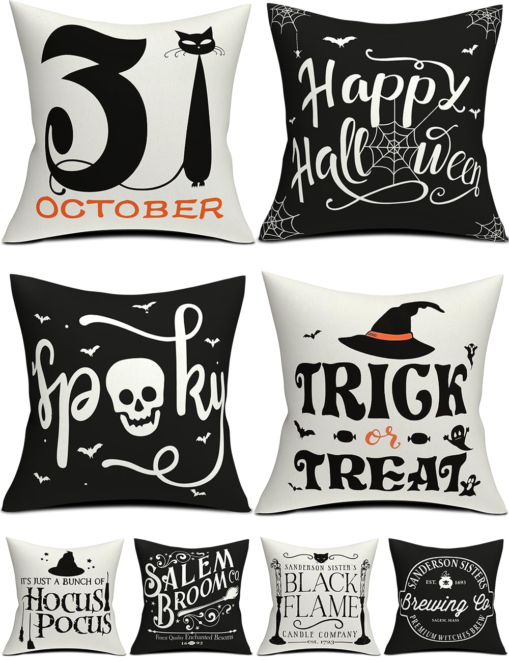 Halloween Decorations Set Of 4 Double-Sided Print Pillow Covers 18" x 18", with 8 Cute Halloween Decor Patterns, Elegant Invisible Zipper, Soft Linen Throw Pillow Covers for Outdoor & Indoor Use